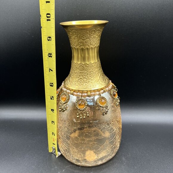 Vintage Handcrafted Brass Floral Etched Neck Ornate Amber Crackle Glass Vase - Picture 5 of 13